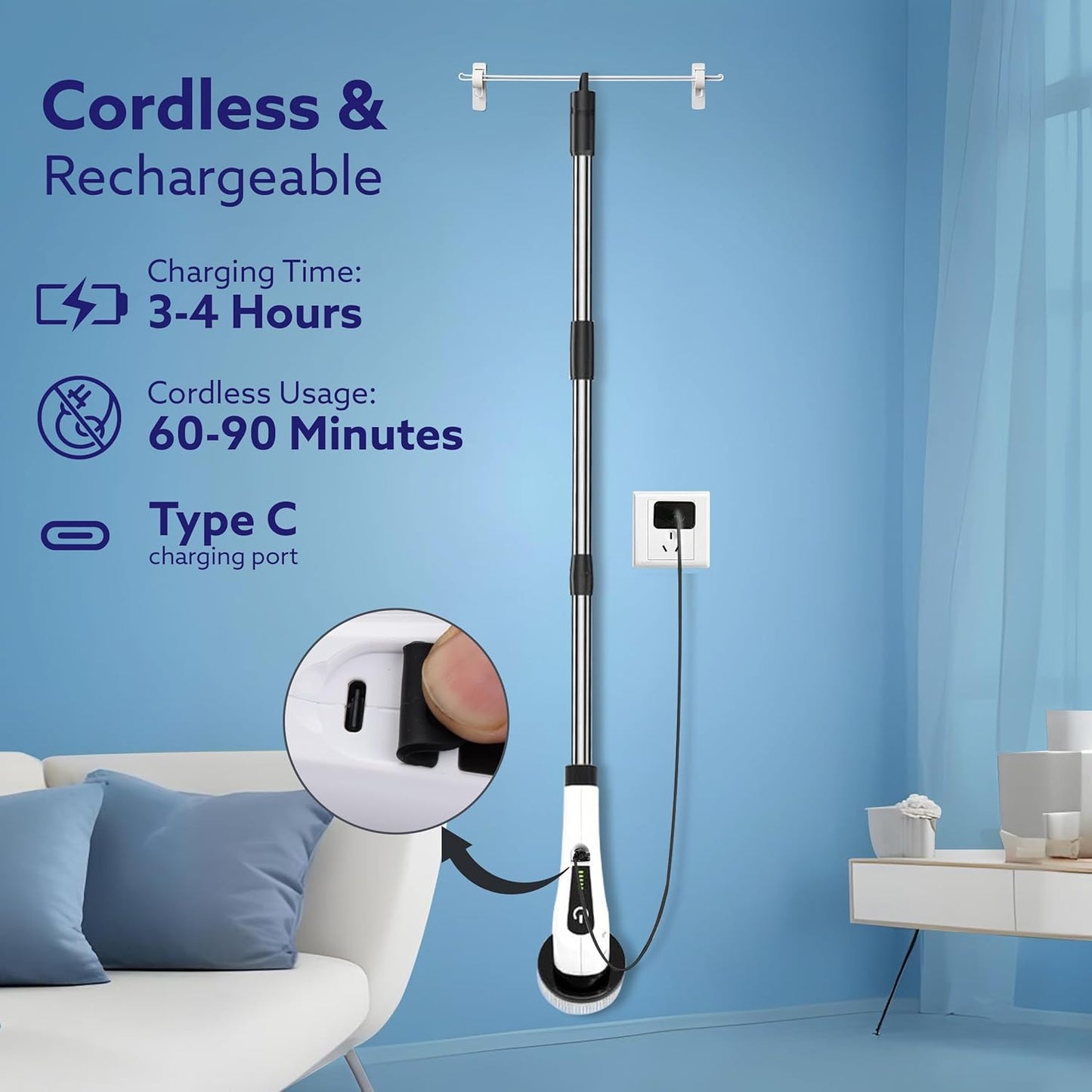 9-in-1 Cordless Electric Spin Scrubber Brush Heads, Adjustable Handle & Dual Speed | Bathroom, Floor, Tile & Car Cleaning Brush