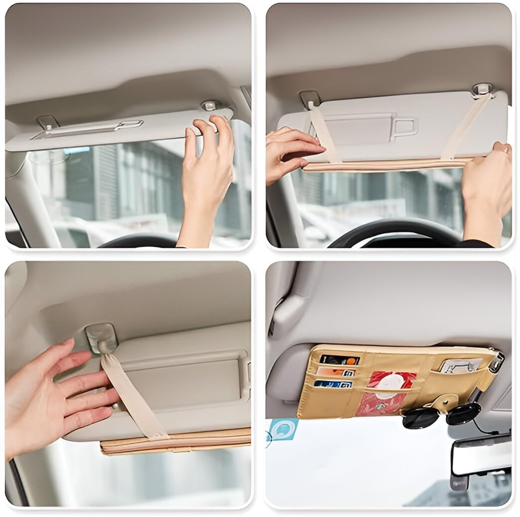 Car Visor Organizer with Zipper – PU Leather Sun Visor Pouch for Cards