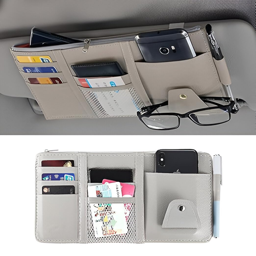 Car Visor Organizer with Zipper – PU Leather Sun Visor Pouch for Cards