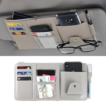 Car Visor Organizer with Zipper – PU Leather Sun Visor Pouch for Cards