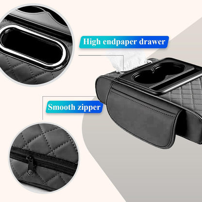 5-in-1 Car Center Console Organizer | Universal Car Armrest Cushion with Cup Holder, Tissue Box