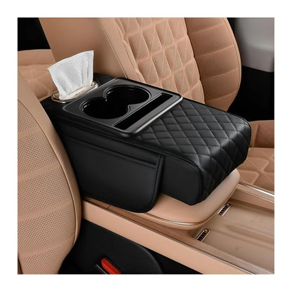 5-in-1 Car Center Console Organizer | Universal Car Armrest Cushion with Cup Holder, Tissue Box