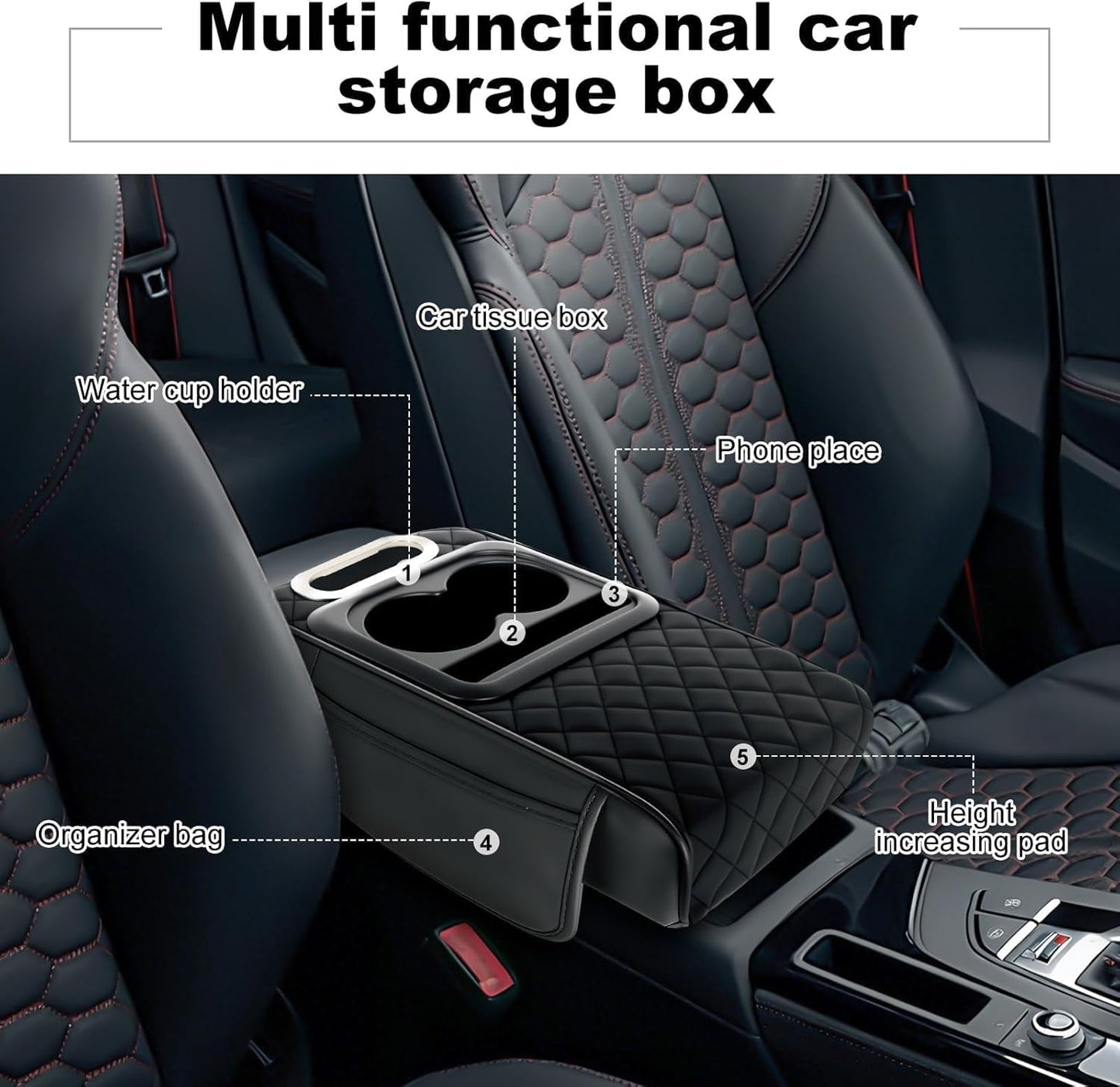 5-in-1 Car Center Console Organizer | Universal Car Armrest Cushion with Cup Holder, Tissue Box