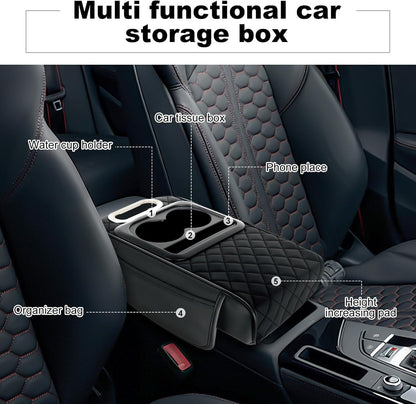 5-in-1 Car Center Console Organizer | Universal Car Armrest Cushion with Cup Holder, Tissue Box