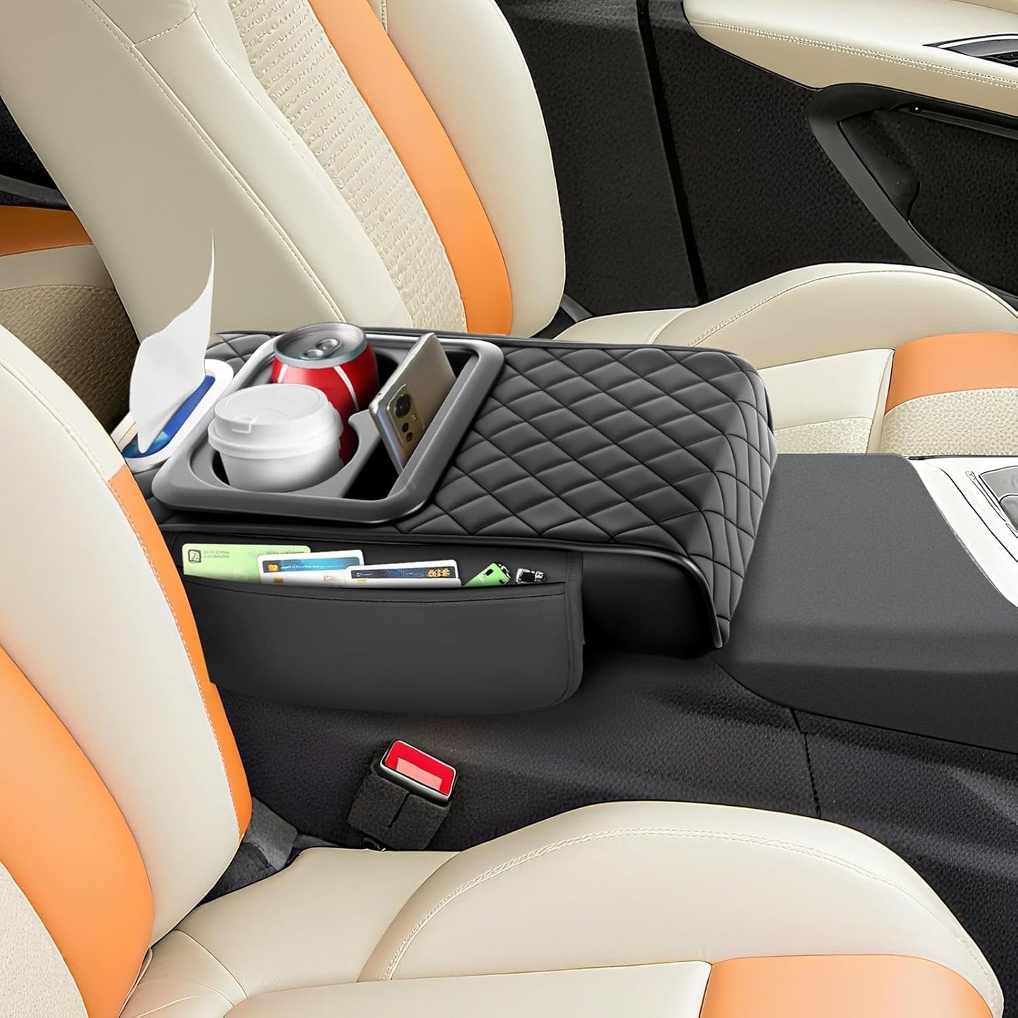 5-in-1 Car Center Console Organizer | Universal Car Armrest Cushion with Cup Holder, Tissue Box