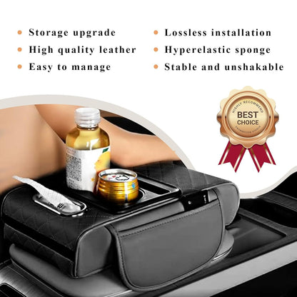 5-in-1 Car Center Console Organizer | Universal Car Armrest Cushion with Cup Holder, Tissue Box