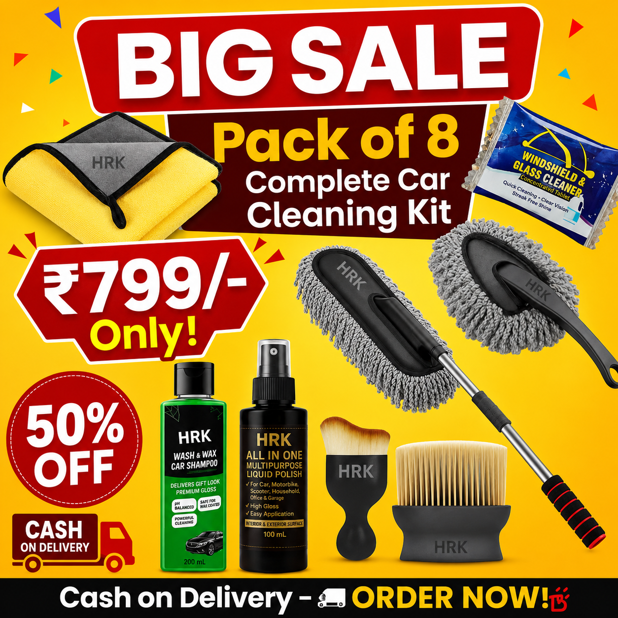 All-in-One Car Cleaning Kit – Pack of 8 | Microfiber Duster, Cloth, Brushes, Polish, Shampoo & Glass Cleaning Tablets