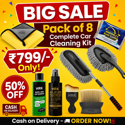 All-in-One Car Cleaning Kit – Pack of 8 | Microfiber Duster, Cloth, Brushes, Polish, Shampoo & Glass Cleaning Tablets