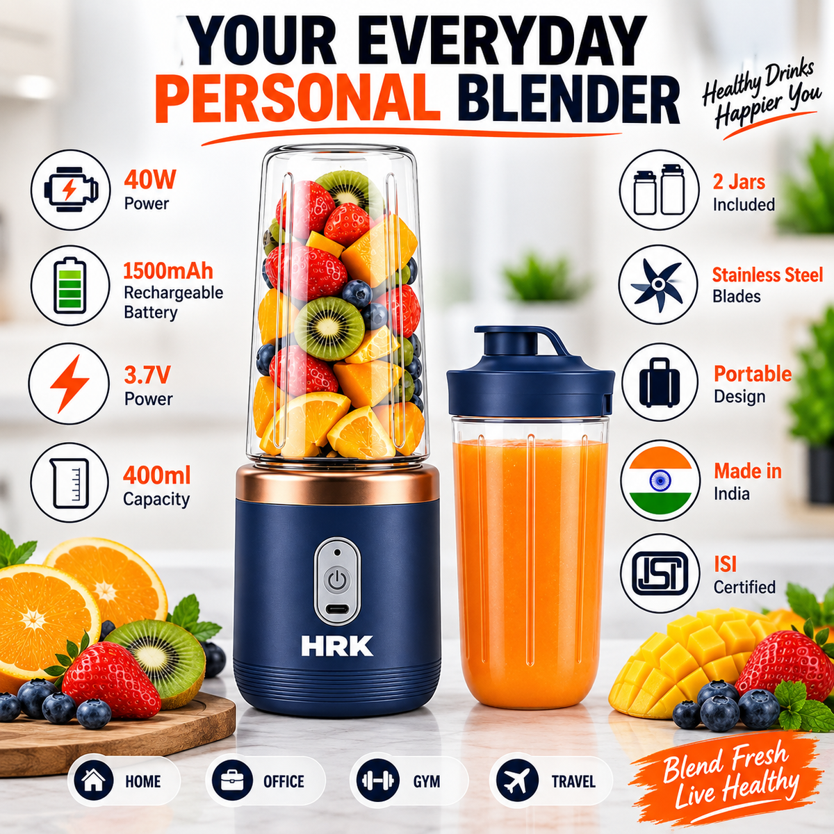 Portable Blender for Smoothies & Juices | 400ml Personal Juicer Mixer Grinder
