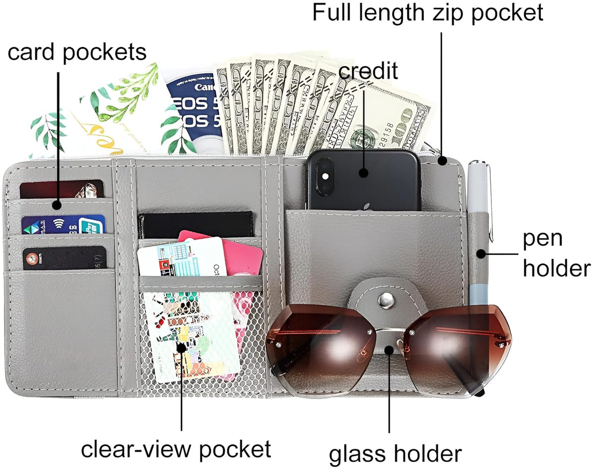 Car Visor Organizer with Zipper – PU Leather Sun Visor Pouch for Cards