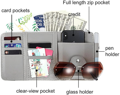 Car Visor Organizer with Zipper – PU Leather Sun Visor Pouch for Cards