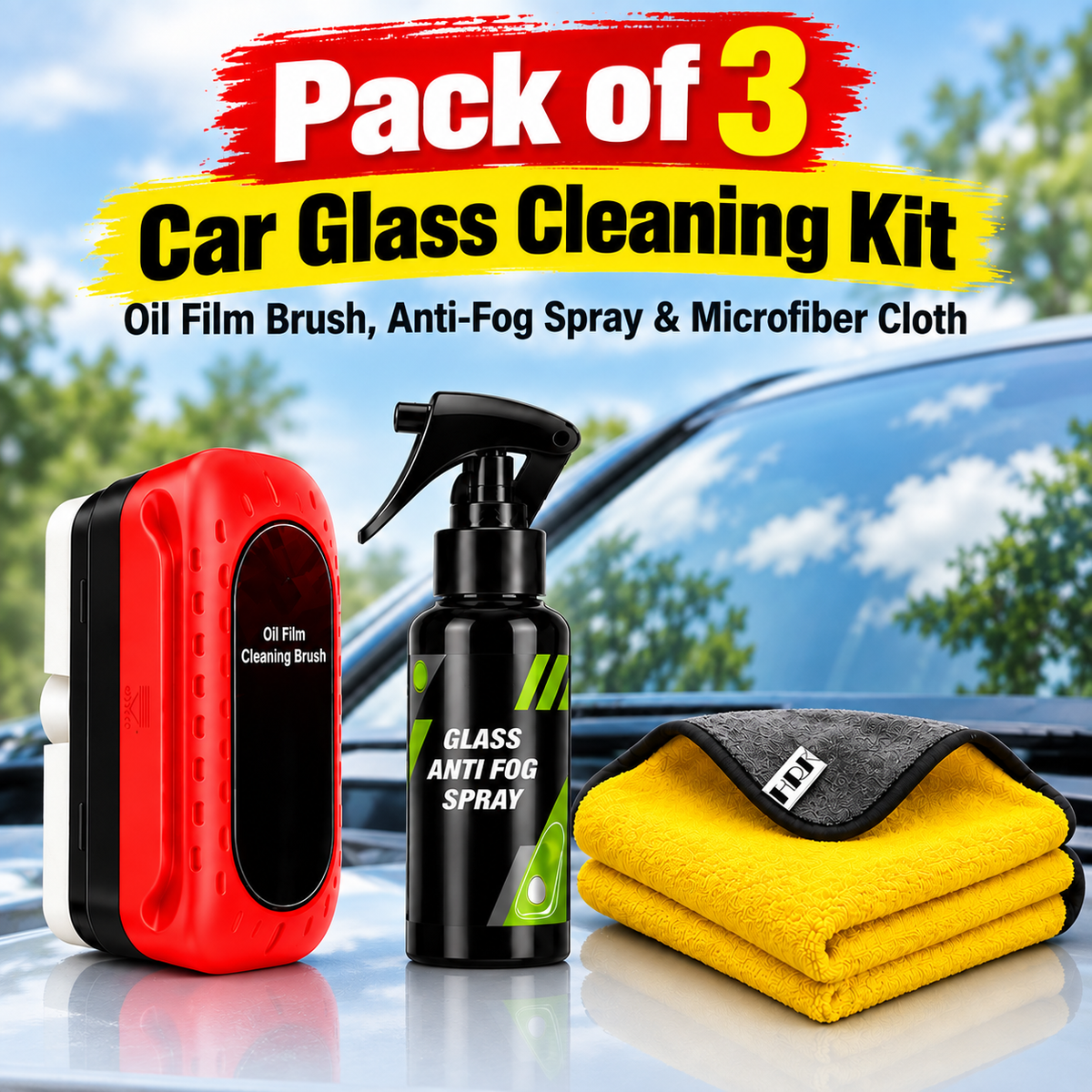 Pack of 3 Car Glass Cleaning Kit – Oil Film Brush, Anti-Fog Spray & Microfiber Cloth