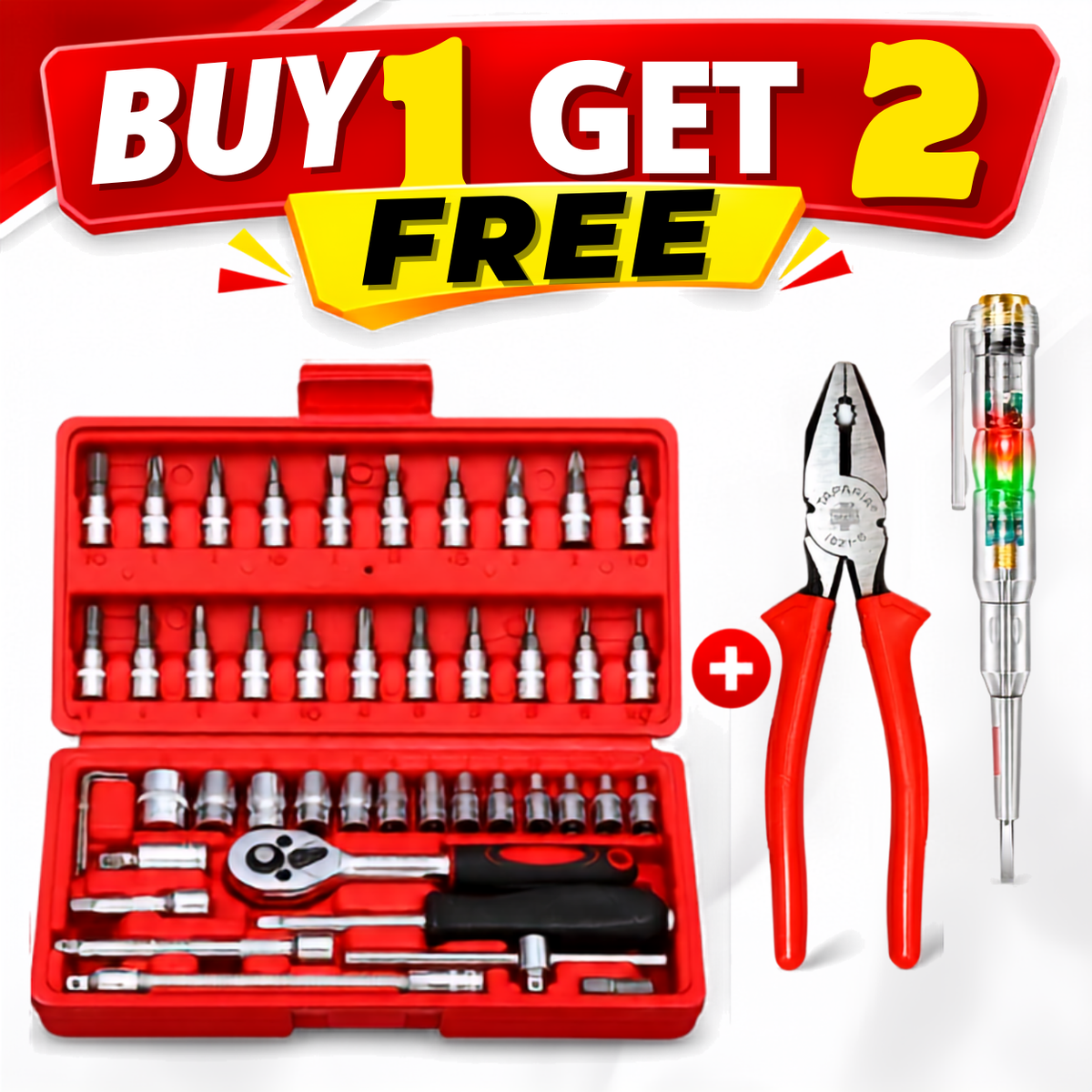 46-Piece Socket Wrench Tool Kit + Plier & Tester – 3-Piece Combo