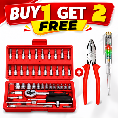 46-Piece Socket Wrench Tool Kit + Plier & Tester – 3-Piece Combo