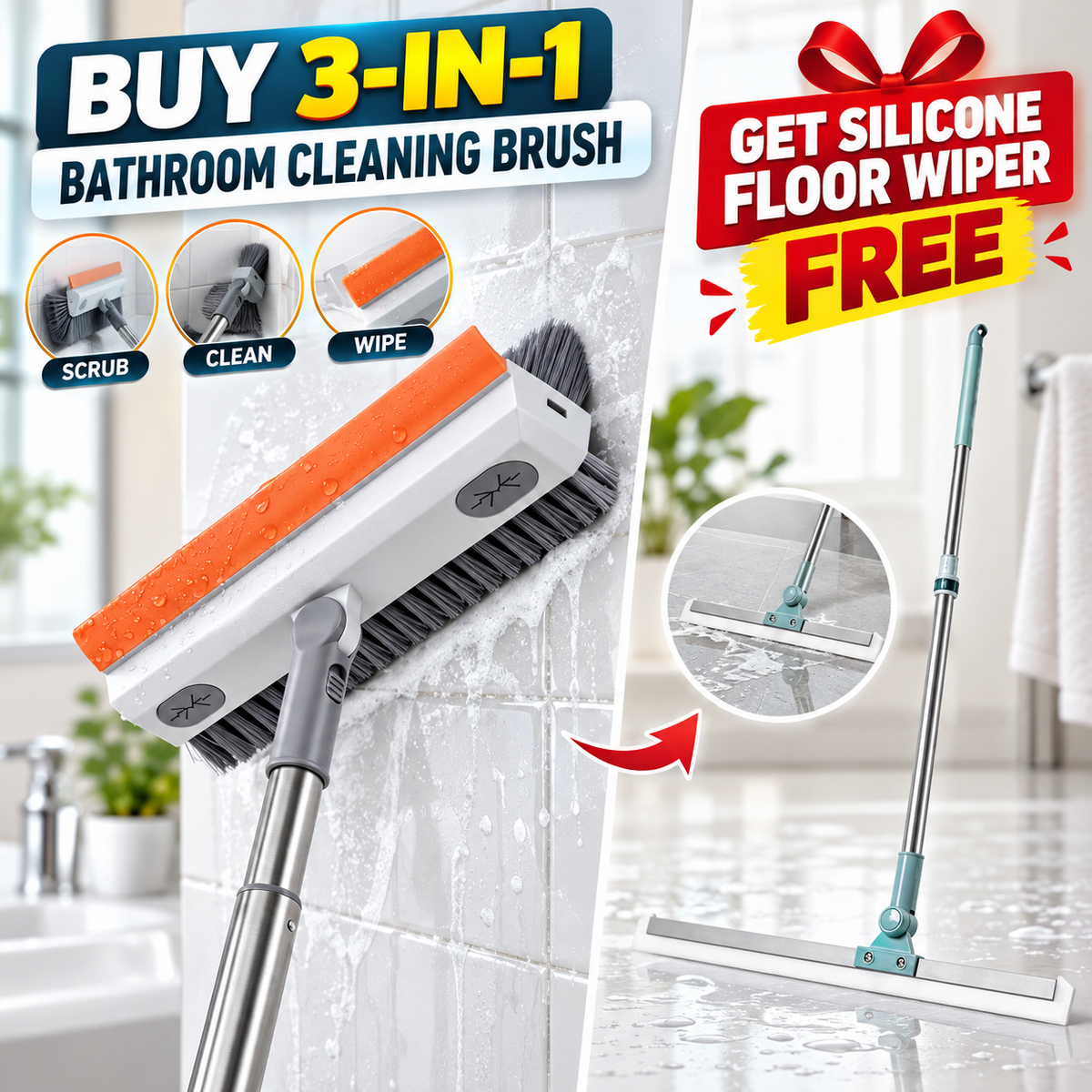 3-in-1 Bathroom Cleaning Brush + Silicone Floor Wiper Combo